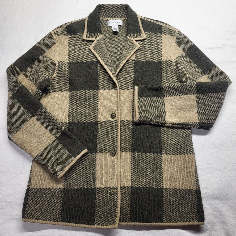 Rena Rowan Sweater Jacket Women’s Large Green/Tan Buffalo Plaid 100% Wool